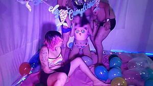 Teen stepsister gets two cocks on her 18th birthday orgy
