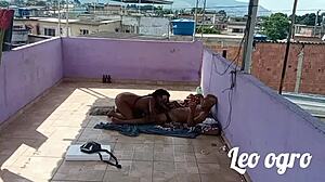 brunette enjoying outdoor fun with a guy