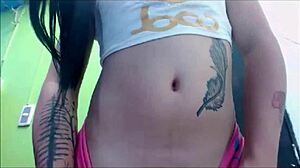 Transsexual babe in pink undies pleasures herself on webcam