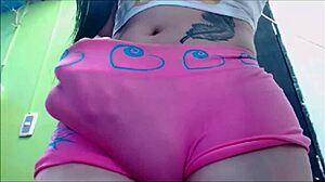 Transsexual babe in pink undies pleasures herself on webcam