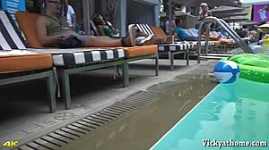 vicky vette, blonde cougar, fingers hairy redhead milf to orgasm in outdoor masturbation scene