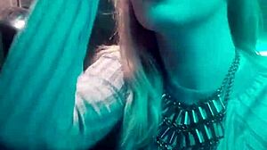 Blonde slut fingers wet pussy in club toilet