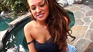 Lucky brunette sex fiend receives blowjob and doggystyle on sofa, squirting and cumshot