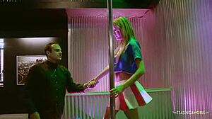 The Brunette Stripper Sucks Boss's Cock While Bent Over, Then Rips Clothes For Hardcore Cowgirl Fucking