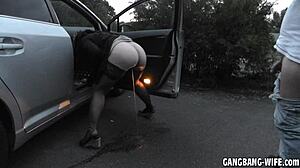 Dirty slutwife drinks piss in wild public orgy. Can she handle the outdoor facial mess?