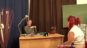 the girl in red fishnet stockings gets disciplined by professor and principal