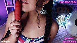 Agatha Dolly unboxes Adorime toy for double pleasure, leading to orgasm and squirting