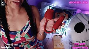 Agatha Dolly unboxes Adorime toy for double pleasure, leading to orgasm and squirting