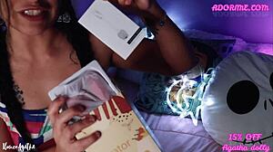 Agatha Dolly unboxes Adorime toy for double pleasure, leading to orgasm and squirting