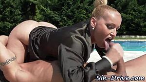 Glamour Babe Rides Cock Outdoors By The Pool In Satin