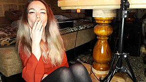 my asian wife smokes a cigarette after dinner