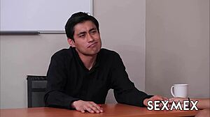 Is this perverted student girl ready for a threesome blowjob?