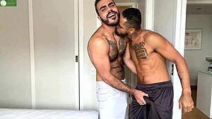 Suggestive gay scene with Marcelo Debian's macho grip on twink monster cock