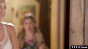 two petite professionals give a sensual massage to a monster cock client in a threesome