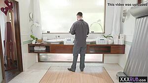 two petite professionals give a sensual massage to a monster cock client in a threesome