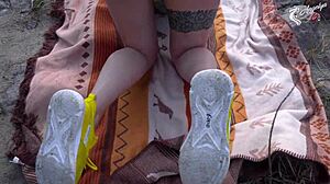 Cutie enjoys pussy ass creampie in outdoor public mountains with redhead