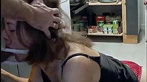 French slut in lingerie fucks doggystyle with blowjob pov