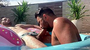 marcos feels intense pleasure with joseph's big cock in pool doggystyle