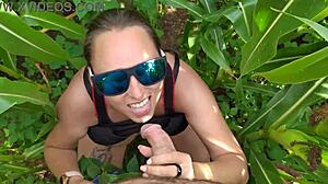 Stepsister Delivers Wild Jungle Blowjob And Handjob Outdoors!