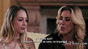 European stepmoms and stepdaughter share lesbian licking of pussies in taboo encounter.