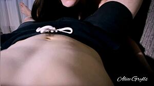 My horny step sister in lingerie gives deepthroat blowjob and ball licking