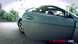 hey, check out this 3 way with a blonde and tattooed babe sharing a thick cock outdoors after a shower for dinner