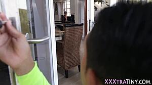 Petite teen's tight pussy stretched by huge cock in intense session