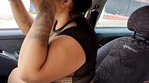 woman drives around in transparent shirt and micro shorts during daylight streets stopping to pee publicly