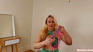Blonde bodybuilder milf tries on micro bikini in muscular haul