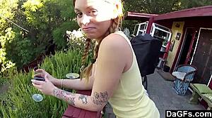 Thrilling outdoor blowjob christens the balcony with teen passion.