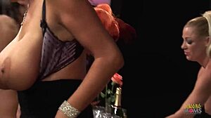 Blonde milfs drilled in bar foursome