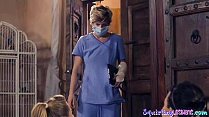 Fingered yoga beauty squirts in erotic lesbian threesome