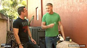 horny tattooed gays suck and fuck asses at work