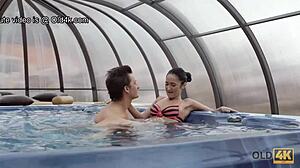 brunette girl tired of swimming but loves getting nailed