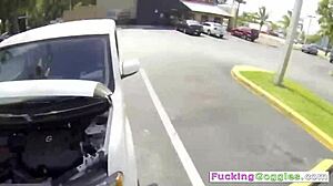 Brunette babe pays mechanic with pussy