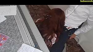redhead student swallows cum after oral exam with teacher in homemade setting.