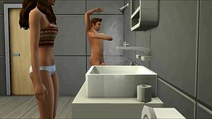 stepsister helps stepbrother in bathroom shower