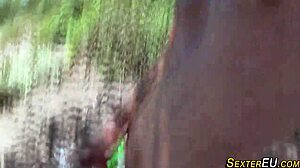 German teen 18+ performs outdoor blowjob with handjob and cumshot in high definition