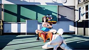 Cute 3D anime teen gets surrounded by six guys cumming on her face.