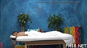 Teen gives naked blowjob massage to old man's oiled cock