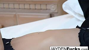 Is Jayden Cole Teasing Her Big Tits On White Sheets?
