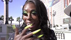 Mystique flaunts her big tits and ass in public Las Vegas, feeling the thrill