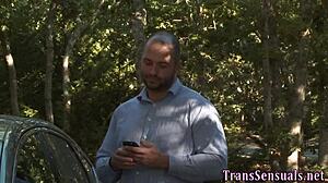 transsexual babe performs rimjob blowjob and handjob for cumshot