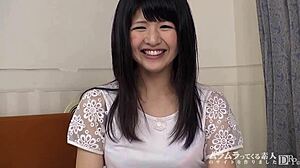 Pure girl tries blowjob in AV interview