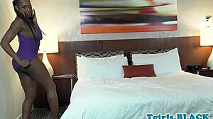 Busty black amateur trans was stroking solo in lingerie. Her close-up moves captivated everyone watching.