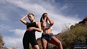 I love watching gorgeous Russian babes Jana Bubu and Oksana Oksi strip nude in pool and mountains