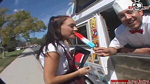 Petite brunette student with small tits has car sex.