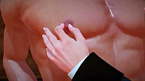 uniform girl moans while licking muscular guy's body