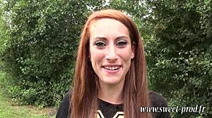 Skinny redhead sucks me deep outdoors before carpool departure