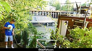 Young men having fun on a boat trip